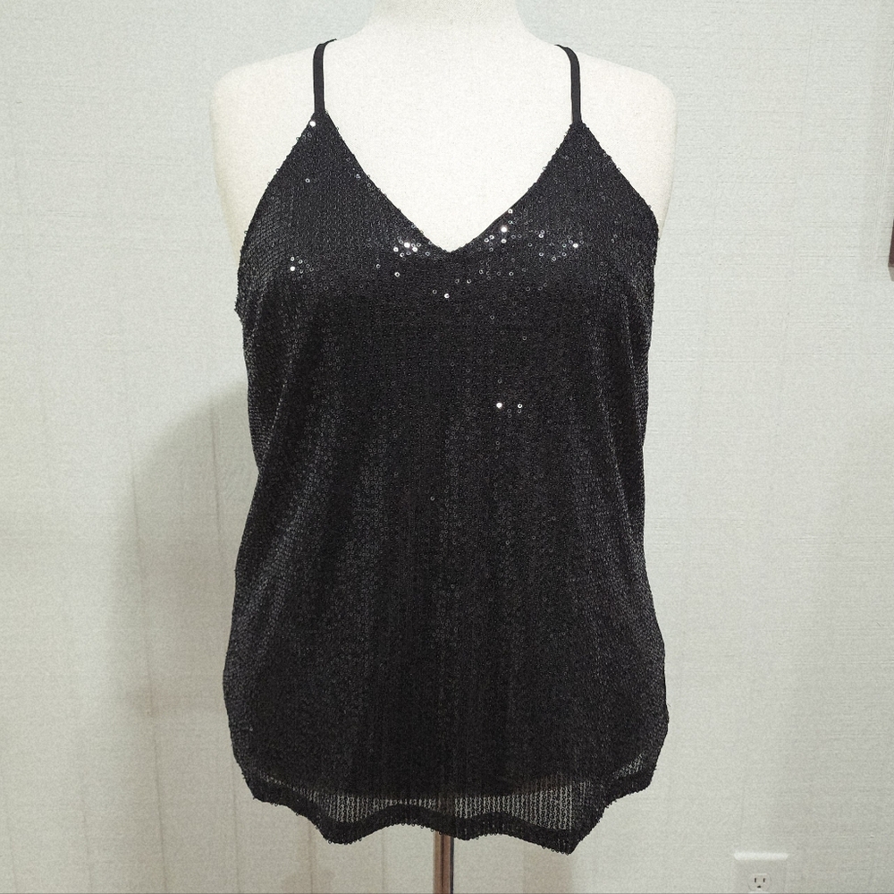 Black Sequin V-Neck Tank Top - Women's